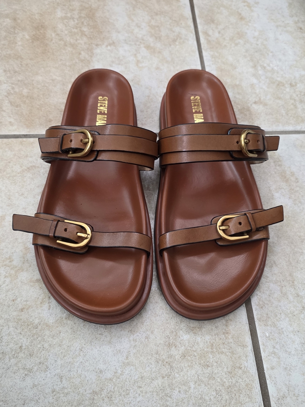 Steve Madden Brown Double Buckle Leather Slide Sandals